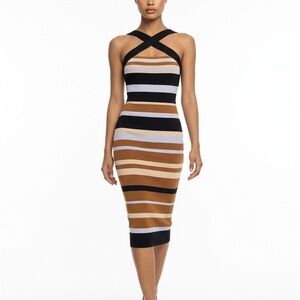 Striped Halter Midi Dress - Black, White, Brown